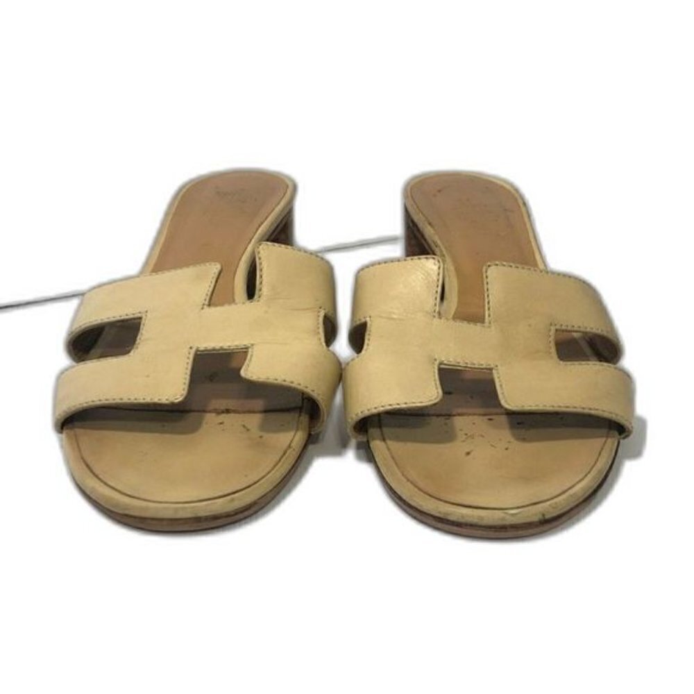 HERMES Oasis "H" Cut Out Sandals Women's Size 6.5 Cream Tan Block Heel Shoe - Picture 7 of 15